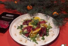 Новогодний салат мандариновый с сыровяленой индейкой