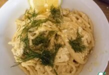 Спагетти с тофу, чесноком и лимоном