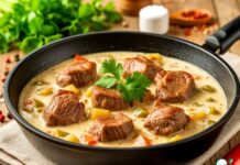 Свинина в сливочном соусе с овощами